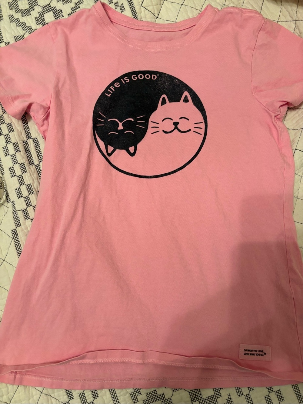 Life Is Good Pink Tee with Black Cat Yin-Yang Graphic XS